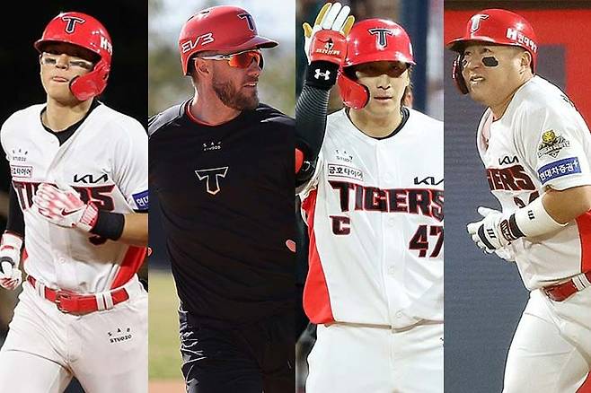 왼쪽부터 KIA 김도영, 패트릭 위즈덤, 나성범, 최형우. 연합뉴스