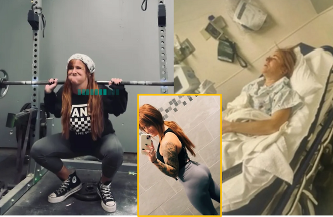 한 여성이 스쿼트를 하던 중 목 동맥이 찢어지면서 뇌졸중을 일으킨 사건이 알려졌다. [사진=영국 일간 더선 보도 갈무리]