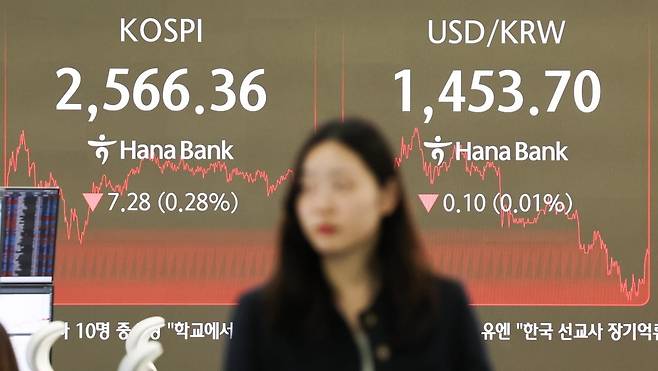 지난 14일 서울 중구 하나은행 본점 딜링룸 전광판에 코스피 지수가 전 거래일(2573.64)보다 7.28포인트(0.28%) 내린 2566.36을 나타내고 있다. 뉴스1