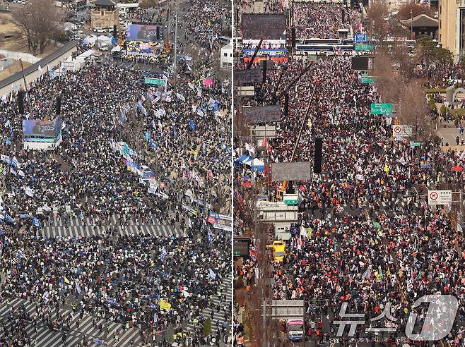 15일 오후 서울 광화문에서 탄핵에 찬성하는 시민들(왼쪽)과 탄핵에 반대하는 시민들이 집회를 하고 있다. 2025.3.15/뉴스1 ⓒ News1 신웅수 기자