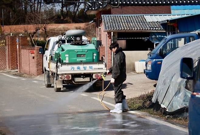 전남 영암군 일대 한 축사에서 방역을 하는 모습. 영암군 제공