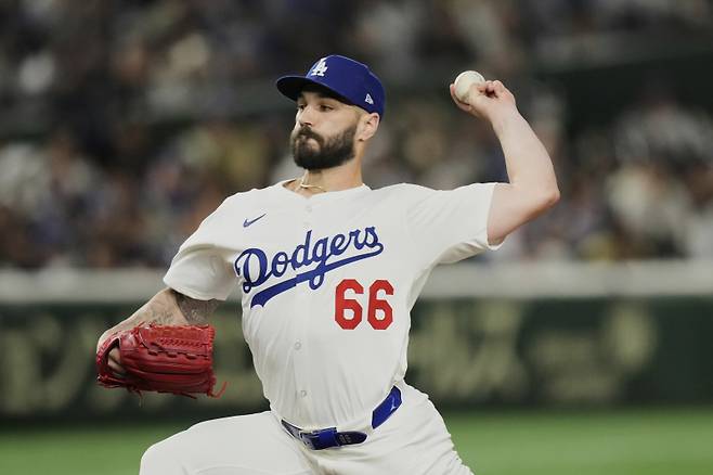 15일 요미우리와 평가전에 구원 등판한 태너 스캇. AP=연합뉴스