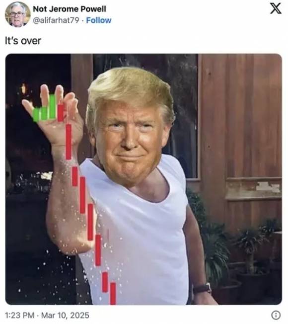 엑스(X·옛 트위터)에 오른 트럼프 얼굴 합성 사진. 트럼프 2기 행정부 출범 이후 관세 정책에 따른 주가 폭락을 풍자했다. 엑스 캡처