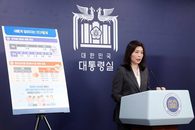 유혜미 대통령실 저출생대응수석이 지난달 26일 서울 용산구 대통령실에서 2024년 합계출산율 관련 브리핑을 하고 있다. 왕태석 선임기자
