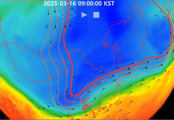 16일 오전 9시 기준 약 5.5km 상공의 기온?고도장?바람 모식도. 사진 기상청