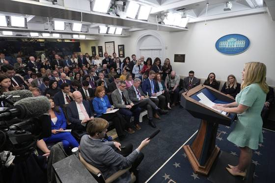 지난 11일 백악관 기자실에서 캐롤라인 레빗 대변인이 현안 브리핑을 하고 있다. [AP=연합뉴스]