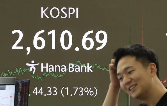 17일 서울 중구 하나은행 본점 딜링룸 전광판에 종가가 표시되고 있다. 이날 코스피는 전 거래일 대비 1.73% 상승한 2610.69로 장을 마감했다. 뉴스1
