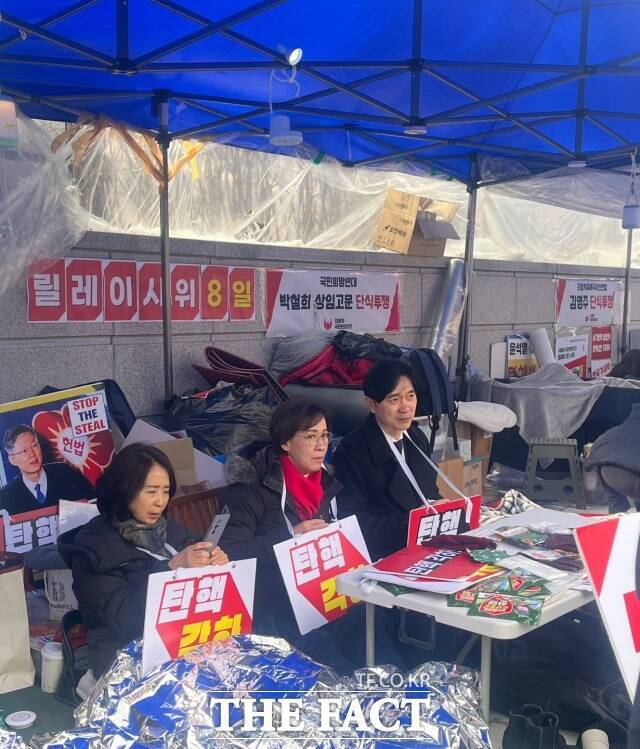 국민의힘 최수진(왼쪽부터), 이인선, 박성훈 의원이 18일 오후 서울 종로구 헌법재판소 앞에서 윤석열 대통령 탄핵 반대 릴레이 시위를 하고 있다. /종로=김수민 기자