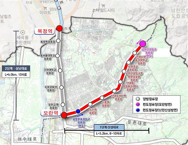 성남~복정 광역 BRT 단계 사업 위치도