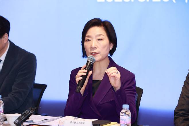 오영주 중소벤처기업부 장관이 20일 서울 강남구 팁스타운 S1에서 열린 ‘AI 활용·확산을 위한 인력정책 방향 점검회의’에서 인사말을 하고 있다.(사진=중소벤처기업부)