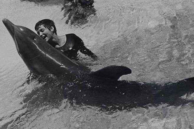 1960년대 사육사 마거릿 하우 러바트(사진 속 여성)와 떨어져 지내는 걸 견디지 못해 스스로 호흡을 멈춰 사망한 것으로 알려진 돌고래 피터.  저자는 “자살을 하려면 발달을 마친 인간의 뇌가 필요하다. 동물이 자살했다는 이야기는 사실이 아닐 가능성이 높다”고 했다. 유튜브 캡쳐