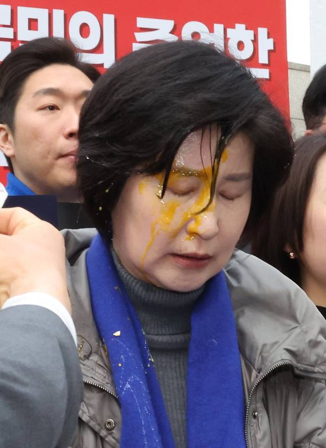 더불어민주당 백혜련 의원이 20일 서울 종로구 헌법재판소 앞에서 열린 민주당 원내부대표단의 윤석열 대통령 신속 파면 촉구 기자회견 도중 얼굴에 계란을 맞아 회견이 중단되고 있다. 2025.3.20 /연합뉴스