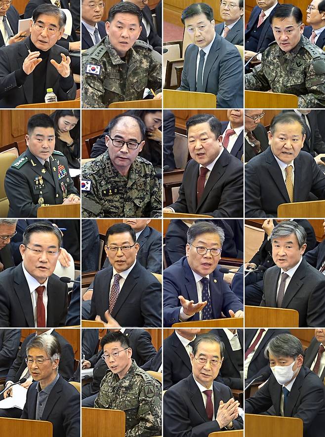 헌법재판소 변론은 11차례 진행됐다. 1월23일 김용현 전 국방부 장관(첫 줄 맨 왼쪽)을 시작으로 17차례 증언을 들었다. ⓒ연합뉴스