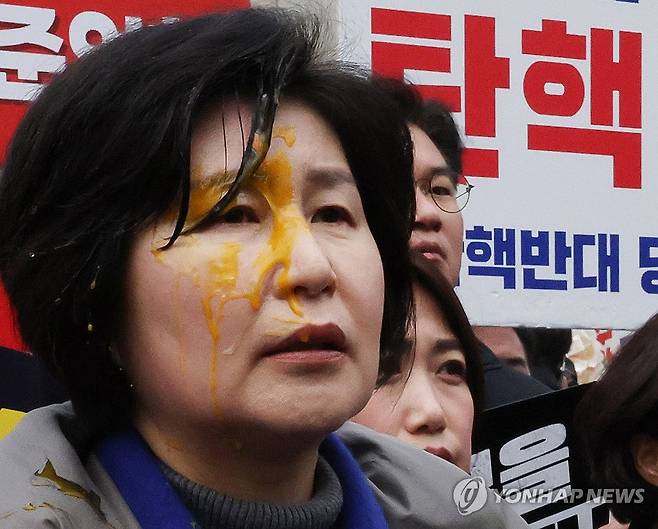 백혜련 의원, 계란 봉변 (서울=연합뉴스) 이진욱 기자 = 윤석열 대통령 탄핵심판 선고일 발표가 늦어지고 있는 가운데 20일 서울 종로구 헌법재판소 앞에서 기자회견에 참가 중이던 더불어민주당 백혜련 의원이 계란을 맞은 채 발언하고 있다. 2025.3.20 cityboy@yna.co.kr