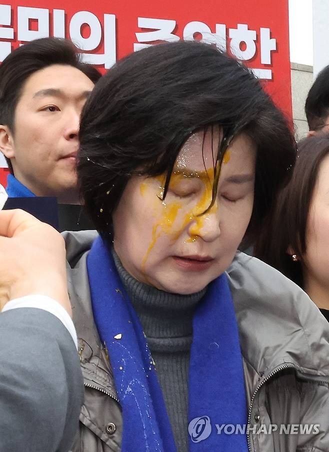 계란 봉변 당한 민주당 백혜련 의원 (서울=연합뉴스) 이진욱 기자 = 더불어민주당 백혜련 의원이 20일 서울 종로구 헌법재판소 앞에서 열린 민주당 원내부대표단의 윤석열 대통령 신속 파면 촉구 기자회견 도중 얼굴에 계란을 맞아 회견이 중단되고 있다.  2025.3.20 cityboy@yna.co.kr