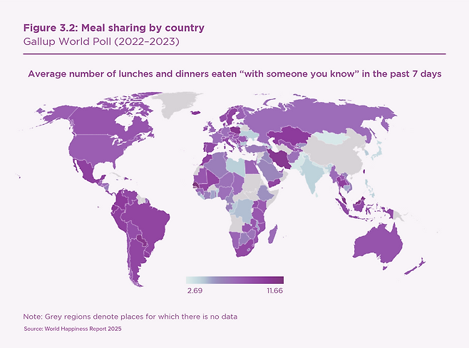 점심과 저녁을 다른 사람과 함께 먹은 빈도를 색상으로 지도 위에 표시한 그래픽. 옅을수록 혼밥’이 많은 국가다.  우리나라는 일본과 함께 옅은 하늘색으로 표시돼 있다. 사진 출처 유엔 세계행복보고서
