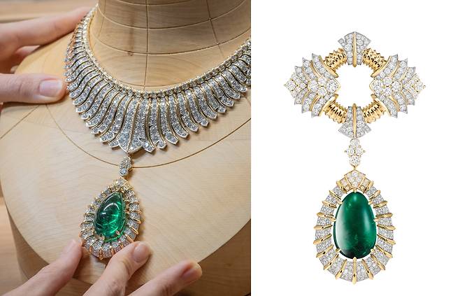 분리해 착용할 수 있는 47.93캐럿 에메랄드 카보숑 펜던트가 돋보이는 팔므레 메르베유스 네크리스. 야자수 잎으로 만든 왕관 모양을 묘사했다. 사진 반클리프 아펠