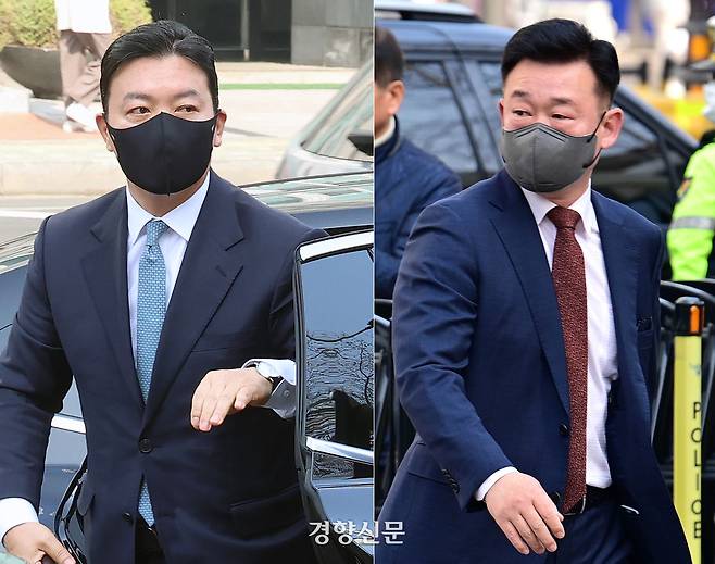 윤석열 대통령 체포 방해 혐의를 받는 김성훈 대통령경호처 차장(왼쪽)·이광우 대통령경호처 경호본부장이 21일 서울 마포구 서울서부지방법원에서 구속 전 피의자 심문(영장실질심사)을 위해 법정으로 향하고 있다. 정효진 기자