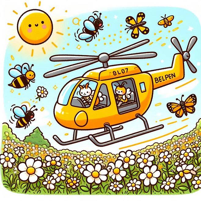 화창한 봄날, 벌과 나비들이 수송용 헬리콥터로 꽃가루를 나르는 모습을 코파일럿으로 그려보았다. 뜻대로 안 나온다.