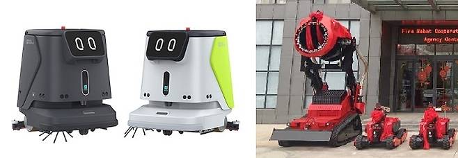 티엑스알로보틱스가 중국 궈싱즈넝과 독점 계약으로 국내에 시판 중인 청소로봇(왼쪽)과 소방로봇 제품들 [티엑스알 제공]