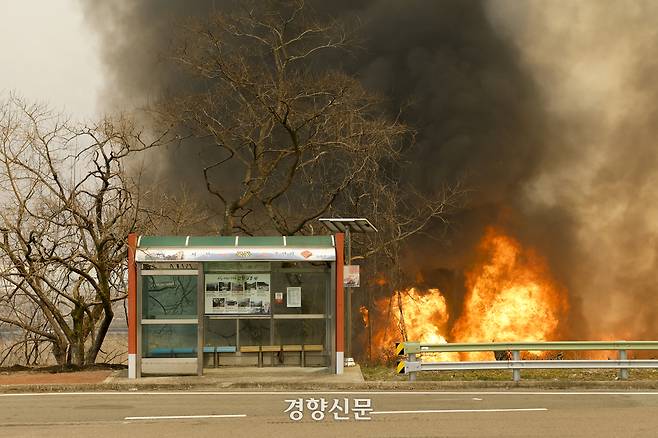 22일 경남 산청군 시천면 일대에서 산림청과 소방, 경찰 등 관계자들이 21일 발생한 산불 진화 작업을 벌이고 있다. 문재원 기자
