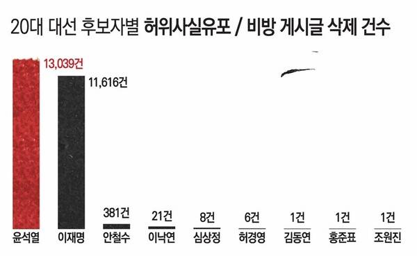 ▲ 20대 대선 공직선거법 위반 게시글 가운데 허위사실공표, 비방 삭제 내역(후보자별 분류). 디자인=이우림 기자
