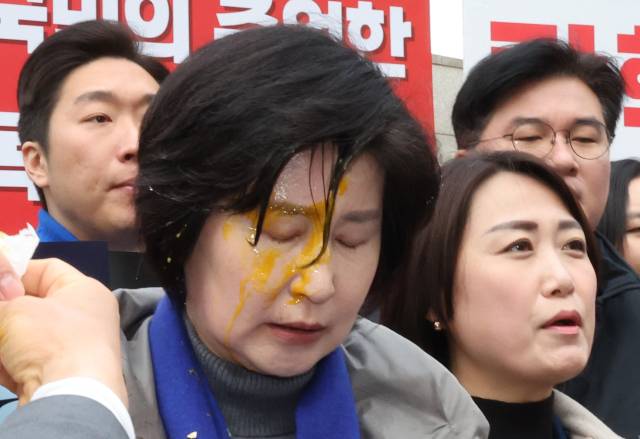 ▲더불어민주당 백혜련 의원이 20일 서울 종로구 헌법재판소 앞에서 열린 민주당 원내부대표단의 윤석열 대통령 신속 파면 촉구 기자회견 도중 얼굴에 계란을 맞아 닦아내고 있다. ⓒ연합뉴스