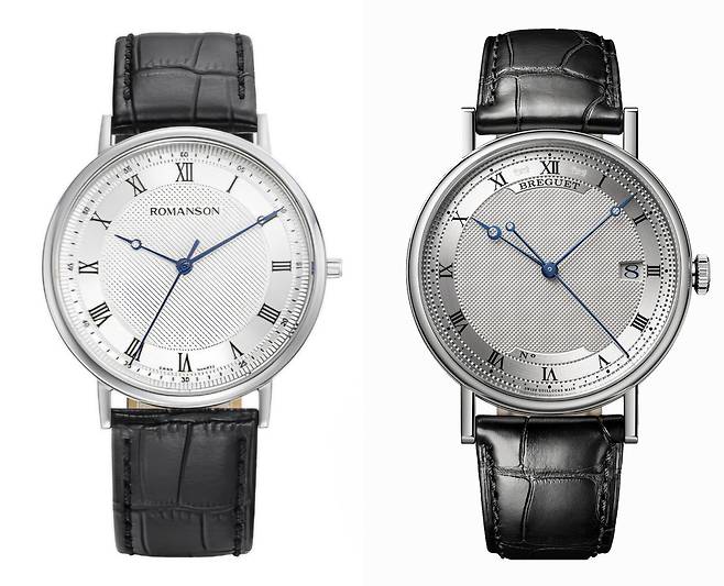 '빅 5' 브랜드 브레게(Breguet)의 클래식 모델(오른쪽)과 로만손의 카이로스 클래식 모델.