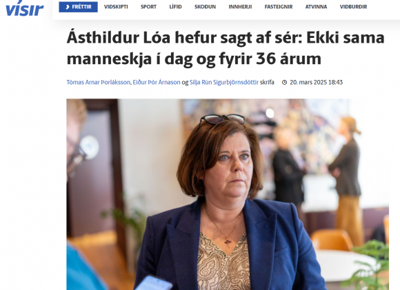 30여년 전 10대 중반 소년과 성관계를 맺고 임신과 출산을 한 의혹을 받은 아이슬란드 아동부 장관(사진)이 사임했다. 아이슬란드 매체 20일자 보도 캡처.