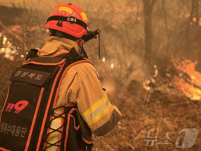 22일 의성 산불현장에서 소방대원이 산불을 진화하고 있다.2025.3.23/뉴스1