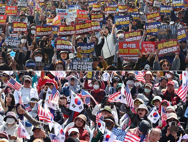 지난 22일 서울 시내에서 윤석열 대통령 탄핵 찬성 집회(위)와 반대 집회(아래)가 각각 열리고 있다. 연합뉴스