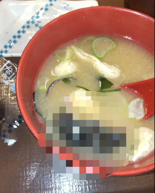 지난 1월 일본 규동(소고기덮밥) 체인점인 ‘스키야’의 한 매장의 구글 리뷰에 올라온 사진으로 된장국에 죽은 쥐가 들어있는 모습. 엑스(X·옛 트위터) 캡처