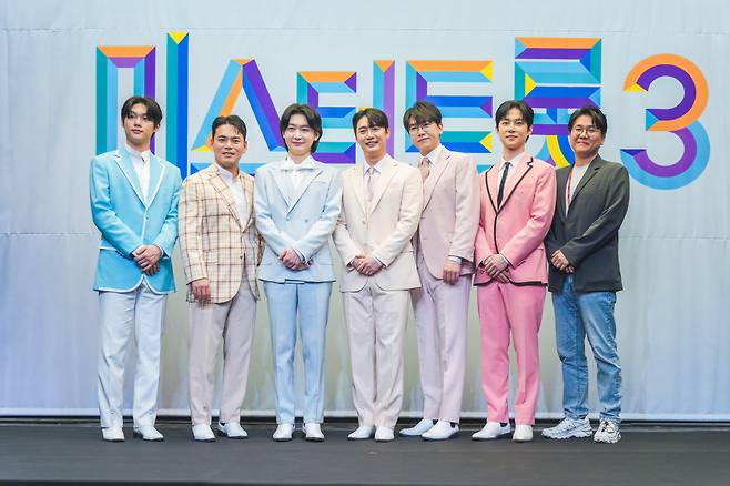 '미스터트롯3' 톱7 최재명, 천록담, 김용빈, 손빈아, 춘길, 추혁진, 민병주 CP(왼쪽부터). 사진 제공=TV CHOSUN