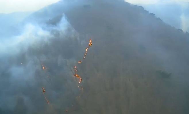 [울산=뉴시스] 박수지 기자 = 지난 22일 울주군 온양읍 운화리에서 산불이 발생해 불길이 올라오고 있다. (사진=산림청 제공) 2025.03.24. photo@newsis.com *재판매 및 DB 금지
