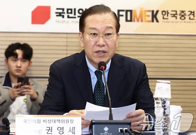 권영세 국민의힘 비상대책위원장 25일 오후 서울 마포구 한국중견기업연합회에서 열린 초청 간담회에서 인사말을 하고 있다. 2025.3.25/뉴스1 ⓒ News1 김민지 기자