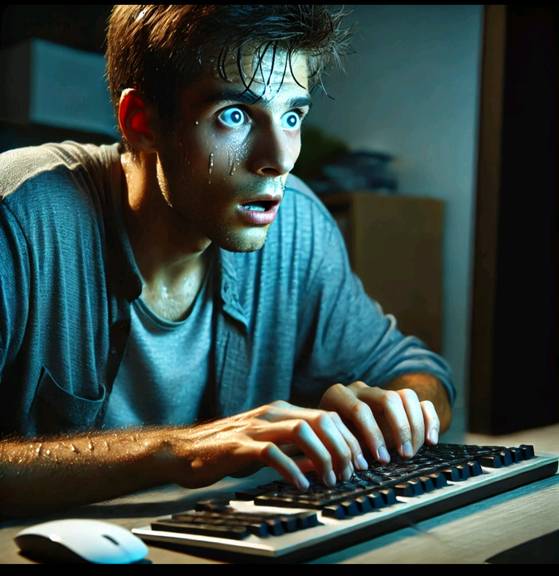 범죄로 수사 선상에 올랐을 것이란 우려 때문에 덜덜 떠면서 이동통신사 '통신이용자정보제공'을 조회 중인 20대 남성을 표현한 이미지. 일러스트 챗 GPT.