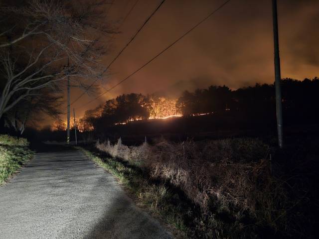 25일 하동 옥종면 청계사 입구에 불길이 올라오고 있다. 뉴스1