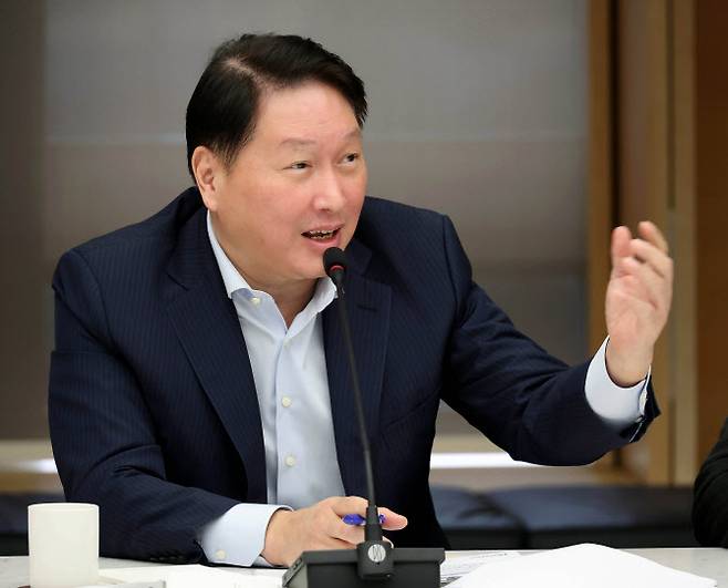 최태원 대한상공회의소 회장(SK그룹 회장)이 지난 25일 서울 중구 상의회관에서 열린 취임 4주년 기자간담회에서 발언하고 있다. (사진=대한상의 제공)