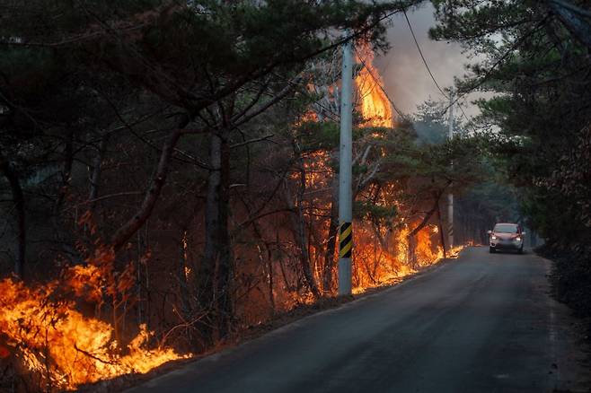 23일 오후 경북 의성군 안평면에서 한 차량이 산불을 피해 대피하고 있다. 의성=뉴시스