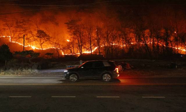 ▲ 지난 25일 경북 안동시 임하면의 한 도로 옆 야산으로 불이 번지고 있다. 연합뉴스