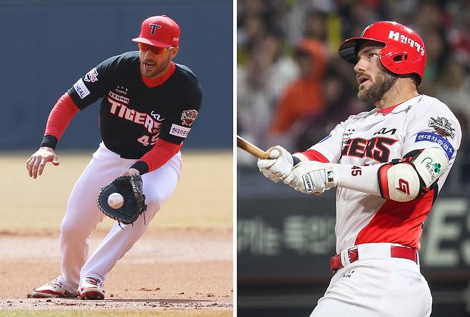 KIA 패트릭 위즈덤이 지난 25일 광주 키움전에서 김도영이 부상으로 빠진 3루에 들어가 수비를 소화하고(왼쪽) 첫 홈런도 터뜨렸다. KIA 타이거즈 제공