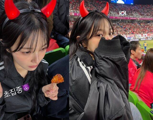 그룹 프로미스나인 멤버 백지헌이 축구 국가대표 경기를 응원하고 있다. / 백지헌 인스타그램