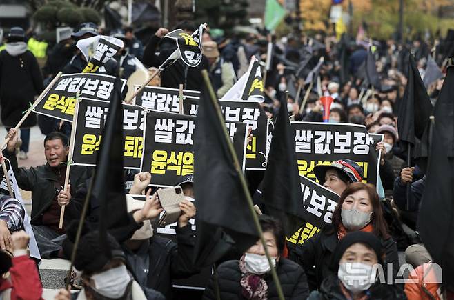 [서울=뉴시스] 정병혁 기자 = 사진은 지난해 11월 20일 서울 서대문구 농협중앙회 앞에서 열린 쌀값보장 농민결의대회에 참가한 농민들이 구호를 외치고 있는 모습. 2024.11.20. jhope@newsis.com