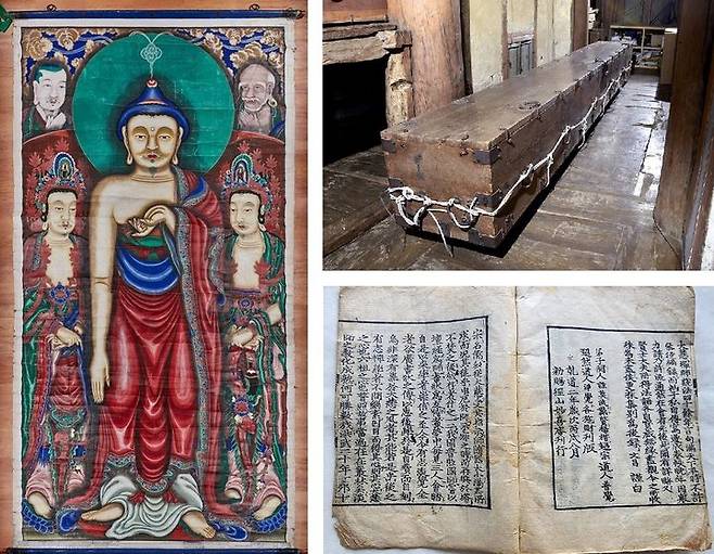 [부산=뉴시스] 국가등록문화유산으로 고시된 부산 범어사 괘불도(왼쪽), 괘불함(오른쪽 위)과 시문화유산자료로 신규 지정된 대혜보각선사서(오른쪽 아래). (사진=부산시 제공) 2025.03.26. photo@newsis.com *재판매 및 DB 금지