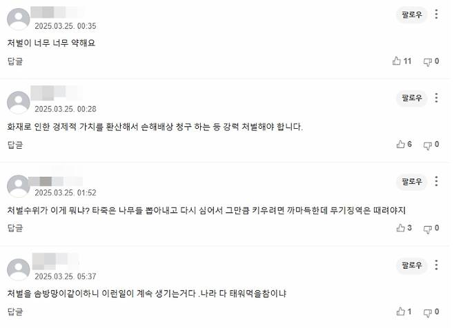 산림청과 소방청에 따르면, 국내 산불 원인의 절반 이상은 '사람의 부주의'에서 비롯됐다. 이런 배경 속에서 누리꾼들 사이에선 "처벌이 너무 약하다", "처벌을 솜방망이같이 하니 이런 일이 계속 생긴다"는 부정적 반응과 함께 처벌 강화 요구가 나온다. 사진은 한 뉴스 기사에 달린 댓글 캡처