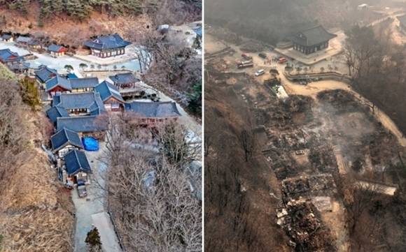 산불 전후 고운사 - 왼쪽은 2월 11일 촬영한 경북 의성군 단촌면 대한불교조계종 제16교구 본사 고운사의 가운루와 우화루, 대웅전 등의 전각과 등운산. 오른쪽은 지난 25일 의성 지역의 대형 산불로 전각들이 전소된 고운사의 모습. 2025.3.26 연합뉴스