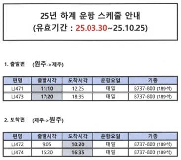 2025년 원주공항 하계 운항 일정 [원주시 제공.재판매 및 DB 금지]