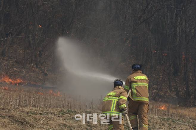 25일 경북 의성군 옥산면 일대에서 소방관들이 화재 진압을 하고 있다.(사진=이영훈 기자)