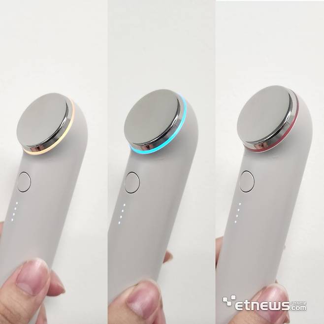 톰 더 글로우는 작동 모드를 서클 색깔로 알 수 있다. (왼쪽부터) 광채 집중 케어를 위한 '포커스 모드', 수분 케어 '이너 모드', 탄력 개선 모드 '텐션 모드'