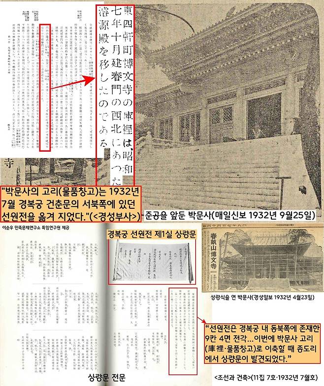 서울의 역사를 기록한 <경성부사>(1934)는 경복궁 선원전 건물은 1932년 신축된 박문사의 부속 건물을 짓는데 사용됐다”고 했다. <조선과 건축> 1932년 7월호는 박문사 조성을 위해 옮겨온 선원전 건물의 종도리에서 발견된 상량문의 전문과 사진을 공개했다.|이순우 민족문제연구소 특임연구원 제공